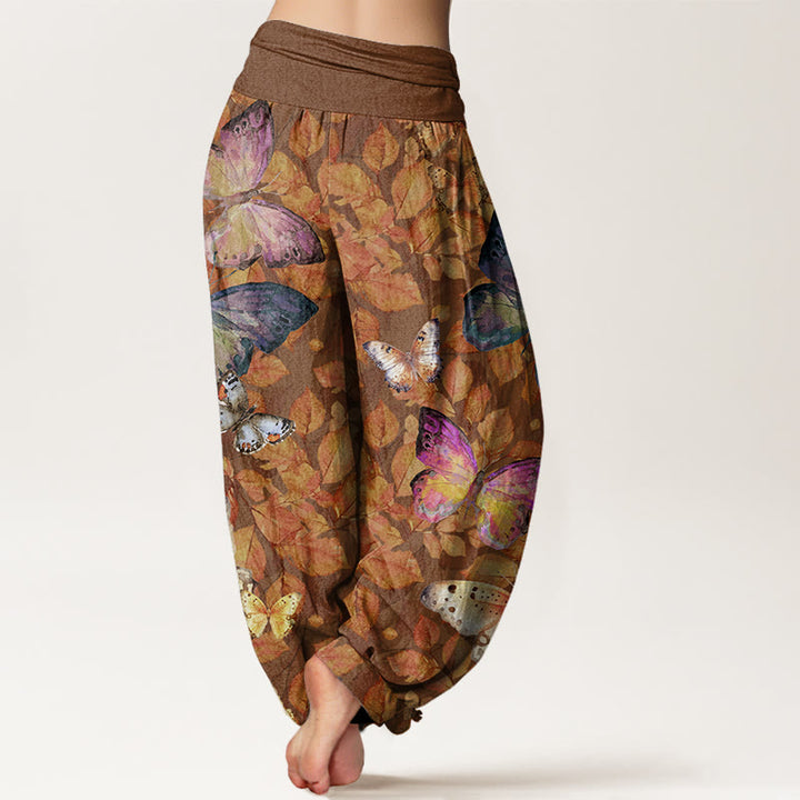 Buddha Stones Lässige Haremshose für Damen mit elastischer Taille und Schmetterlings-/Totblatt-Muster - image 3