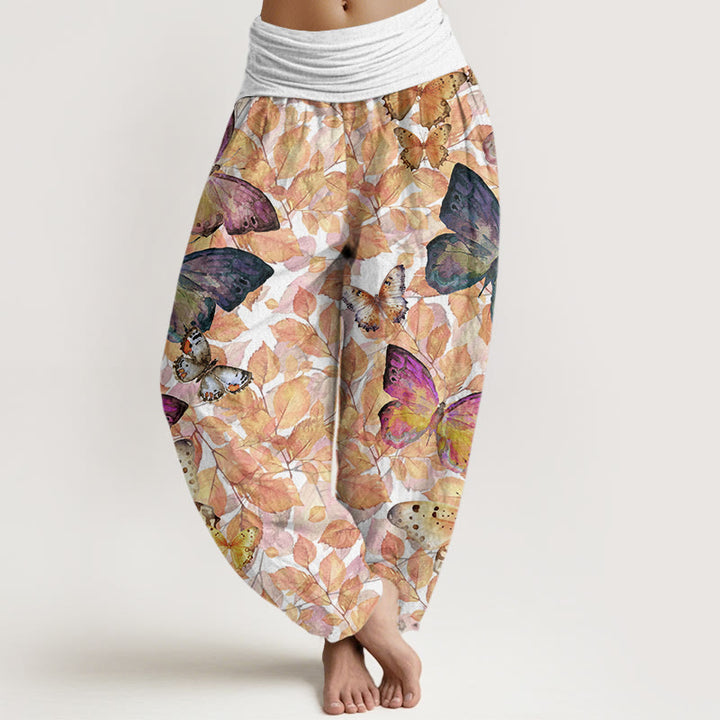 Buddha Stones Lässige Haremshose für Damen mit elastischer Taille und Schmetterlings-/Totblatt-Muster - Weiß - US22， UK/AU26，EU54 (6XL) - image 5