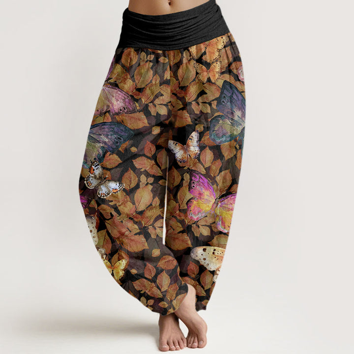 Buddha Stones Lässige Haremshose für Damen mit elastischer Taille und Schmetterlings-/Totblatt-Muster - Schwarz - US22， UK/AU26，EU54 (6XL) - image 8