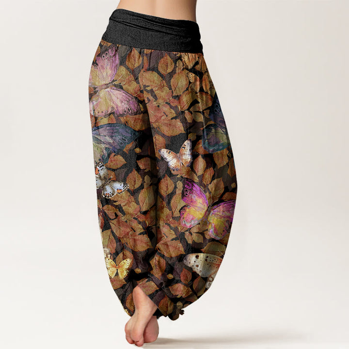 Buddha Stones Lässige Haremshose für Damen mit elastischer Taille und Schmetterlings-/Totblatt-Muster - image 10