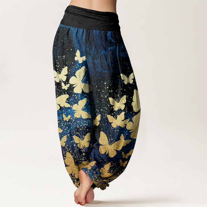 Buddha Stones Lässige Haremshose für Damen mit goldenem Schmetterlingsmuster und elastischer Taille - image 3