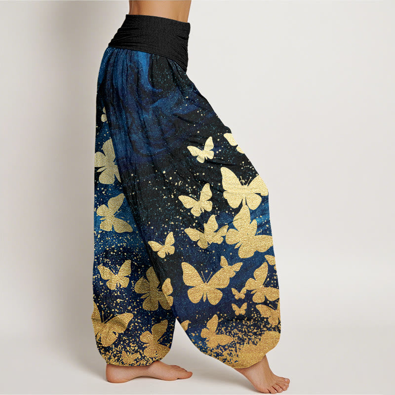 Buddha Stones Lässige Haremshose für Damen mit goldenem Schmetterlingsmuster und elastischer Taille - image 2