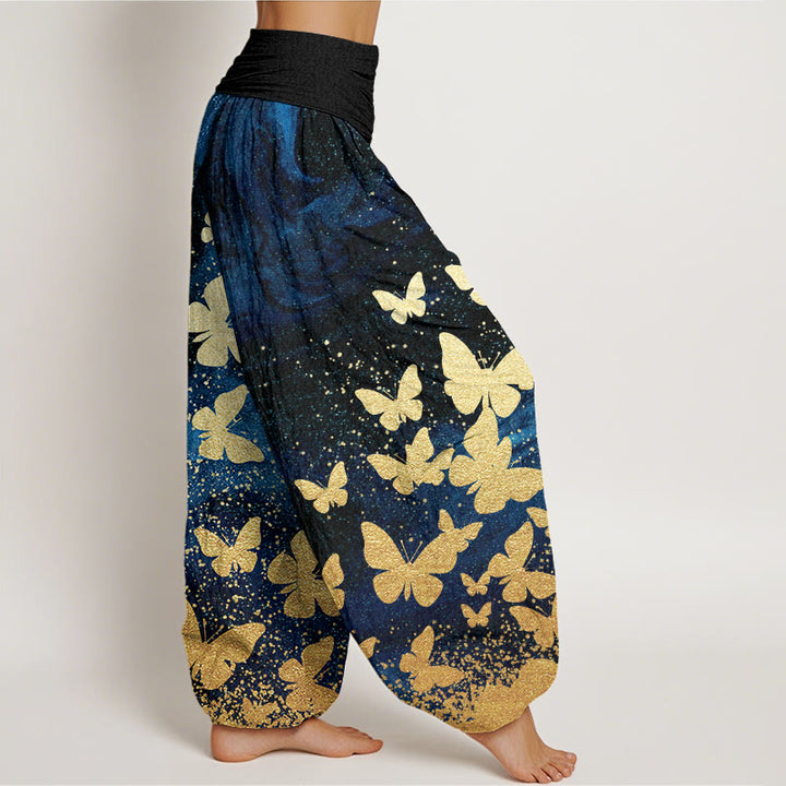Buddha Stones Lässige Haremshose für Damen mit goldenem Schmetterlingsmuster und elastischer Taille - image 2