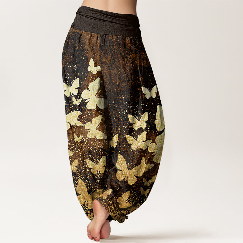 Buddha Stones Lässige Haremshose für Damen mit goldenem Schmetterlingsmuster und elastischer Taille - image 7