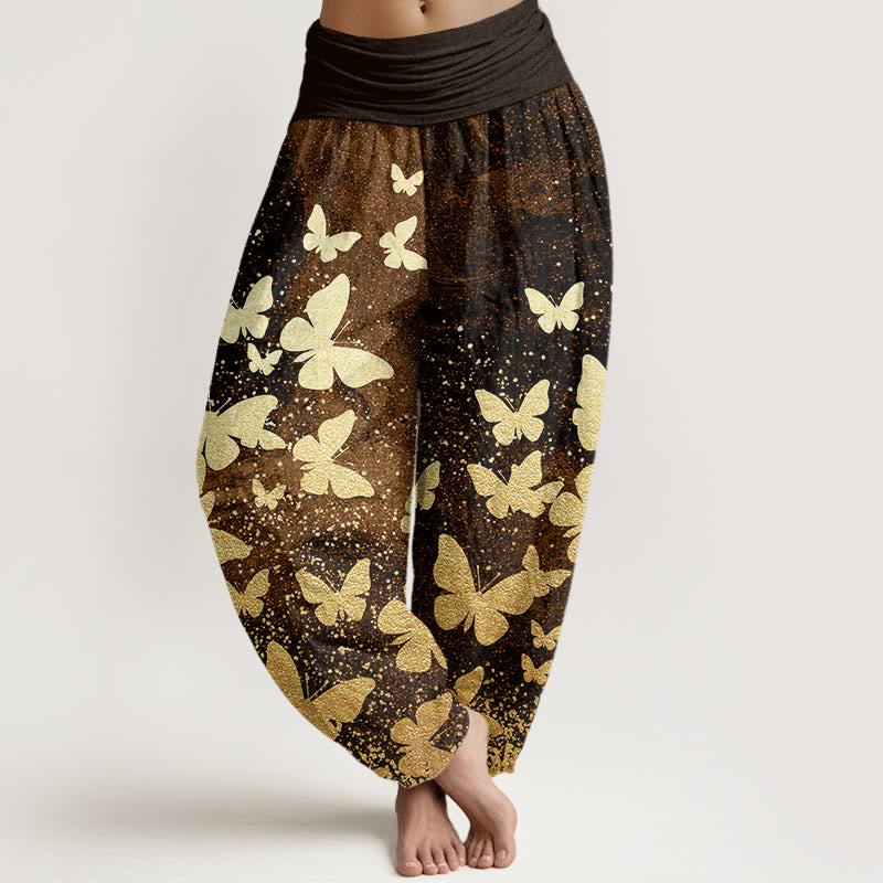 Buddha Stones Lässige Haremshose für Damen mit goldenem Schmetterlingsmuster und elastischer Taille - Sattelbraun - US22， UK/AU26，EU54 (6XL) - image 5