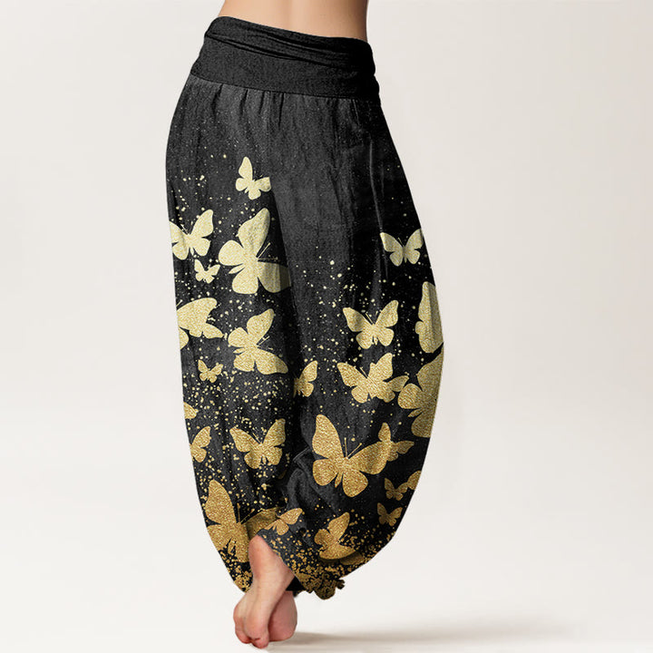 Buddha Stones Lässige Haremshose für Damen mit goldenem Schmetterlingsmuster und elastischer Taille - image 10
