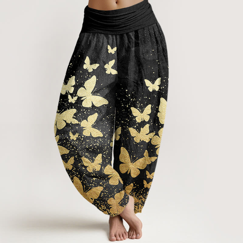 Buddha Stones Lässige Haremshose für Damen mit goldenem Schmetterlingsmuster und elastischer Taille - Schwarz - US22， UK/AU26，EU54 (6XL) - image 8