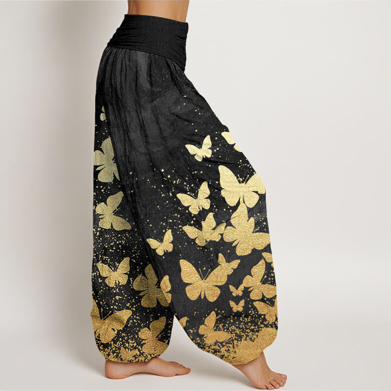 Buddha Stones Lässige Haremshose für Damen mit goldenem Schmetterlingsmuster und elastischer Taille - image 9