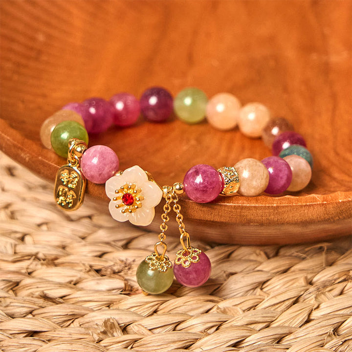 Buddha Stones Natürlicher Turmalin Fu Charakter Blume Glücksmarke Armband