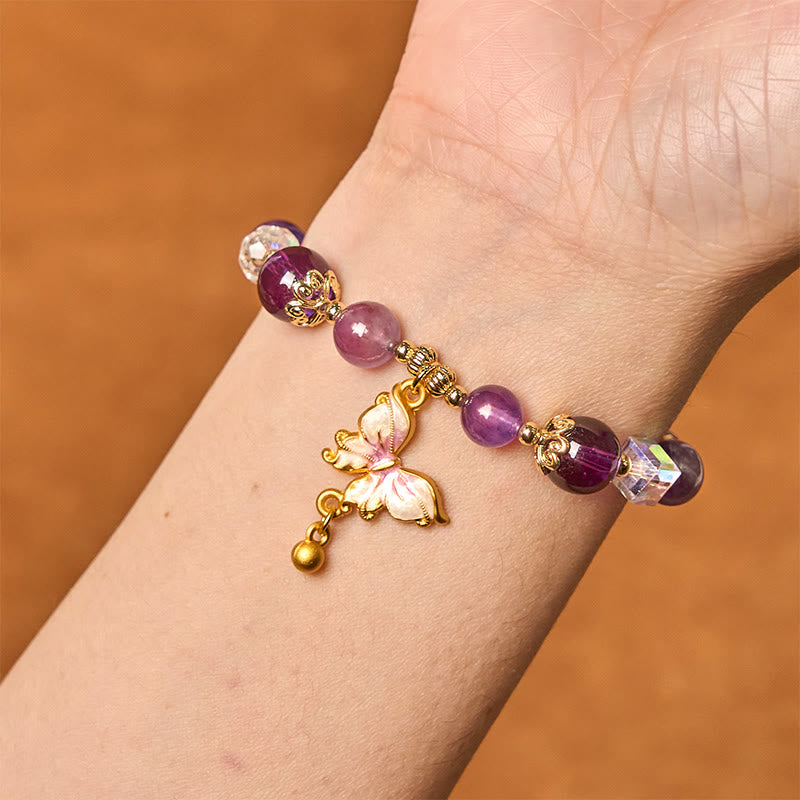 Buddha Stones Armband mit natürlichem Amethyst, Sonnenstein, Schmetterling, Frieden
