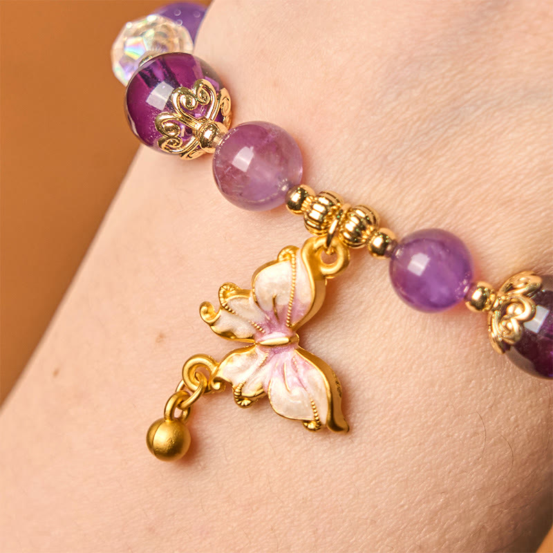 Buddha Stones Armband mit natürlichem Amethyst, Sonnenstein, Schmetterling, Frieden