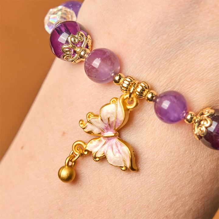 Buddha Stones Armband mit natürlichem Amethyst, Sonnenstein, Schmetterling, Frieden