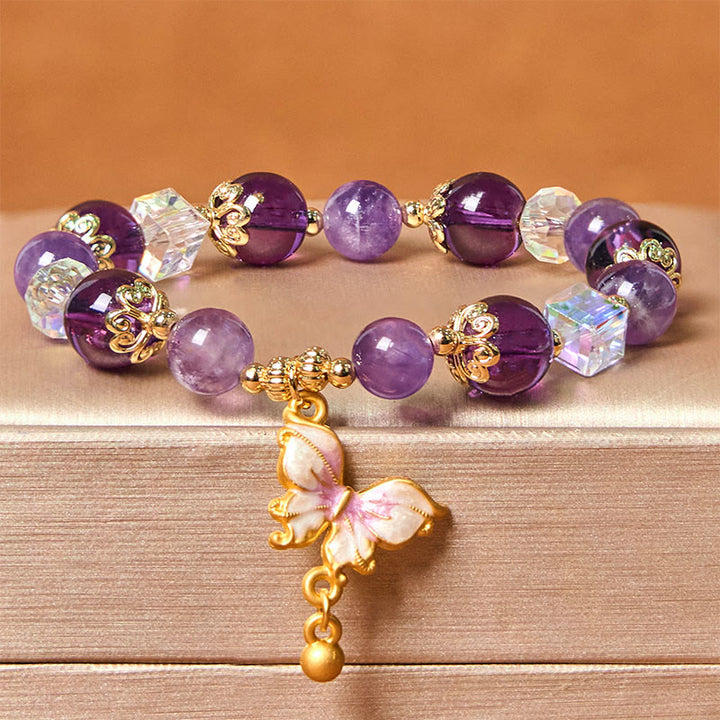 Buddha Stones Armband mit natürlichem Amethyst, Sonnenstein, Schmetterling, Frieden