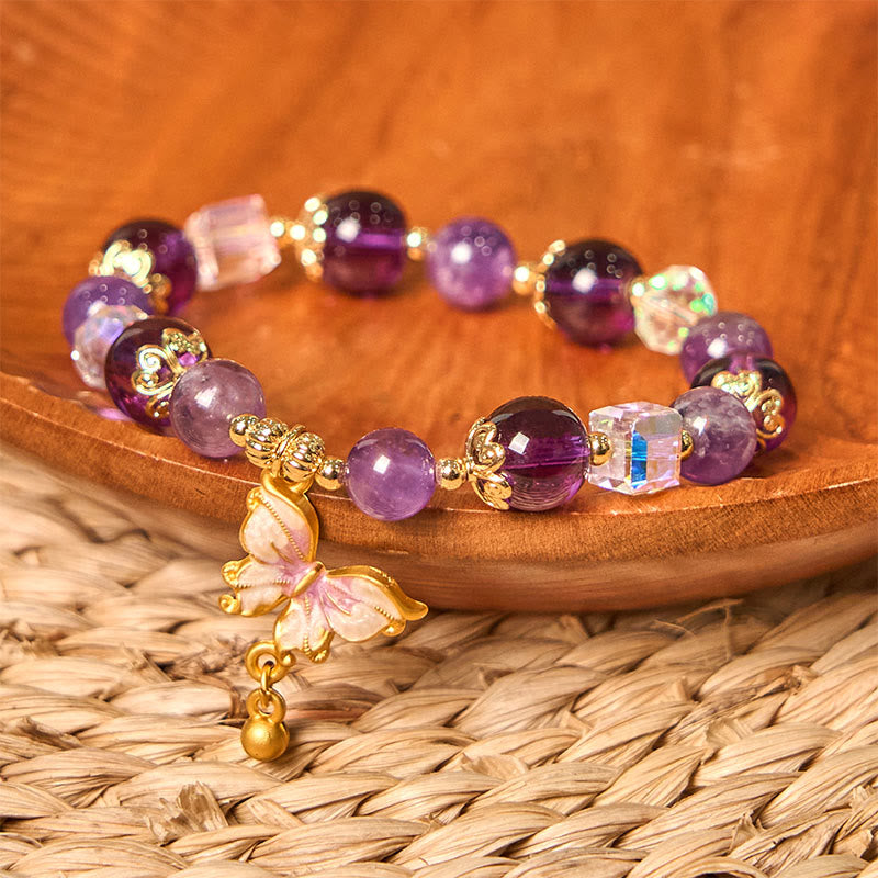 Buddha Stones Armband mit natürlichem Amethyst, Sonnenstein, Schmetterling, Frieden