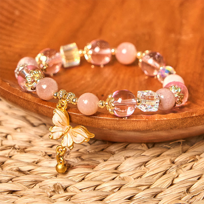 Buddha Stones Armband mit natürlichem Amethyst, Sonnenstein, Schmetterling, Frieden