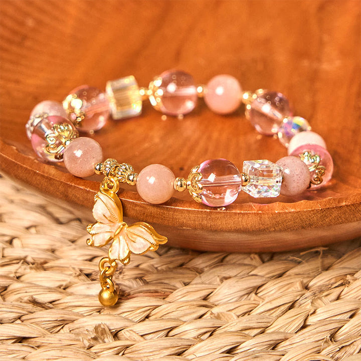 Buddha Stones Armband mit natürlichem Amethyst, Sonnenstein, Schmetterling, Frieden