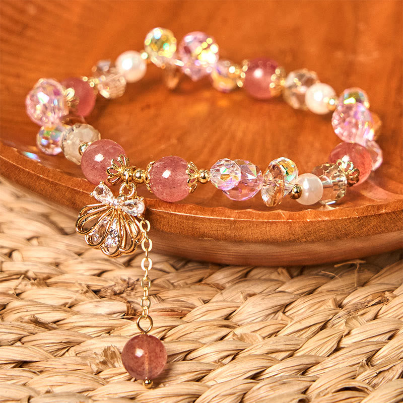Buddha Stones Natürliches Erdbeerquarz Perlenmuschel Positives Armband