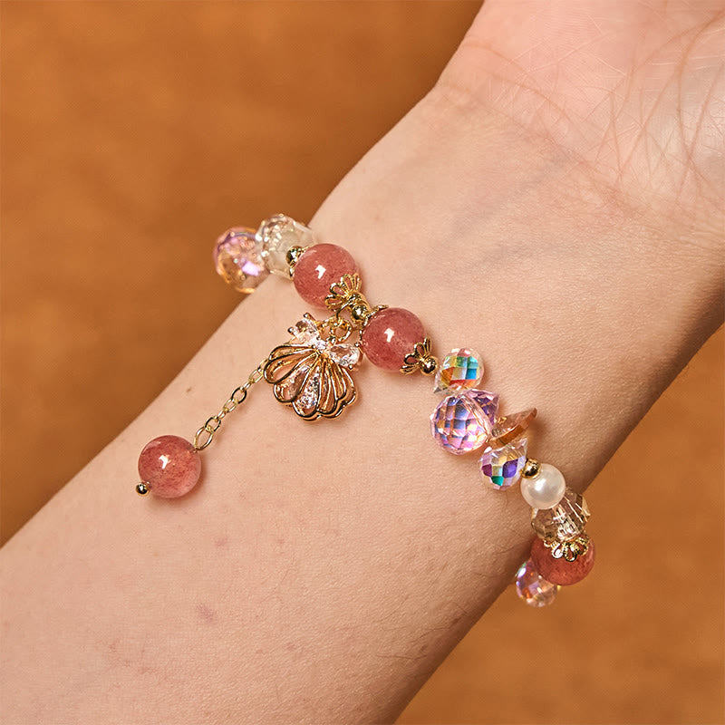 Buddha Stones Natürliches Erdbeerquarz Perlenmuschel Positives Armband