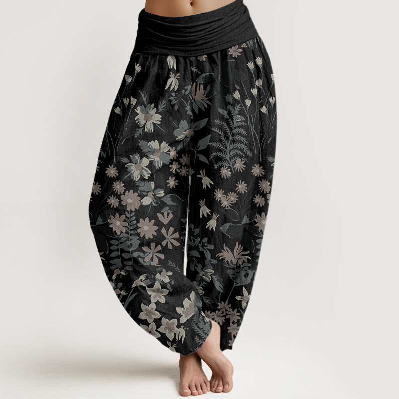 Lässige Haremshose mit Gänseblümchen-Blumen-Blätter-Design für Damen mit elastischer Taille und Buddha Stones - Schwarz - US22， UK/AU26，EU54 (6XL) - image 5