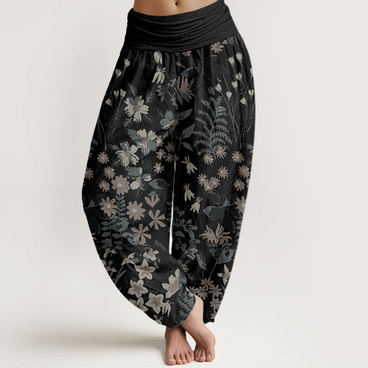 Lässige Haremshose mit Gänseblümchen-Blumen-Blätter-Design für Damen mit elastischer Taille und Buddha Stones - Schwarz - US22， UK/AU26，EU54 (6XL) - image 5