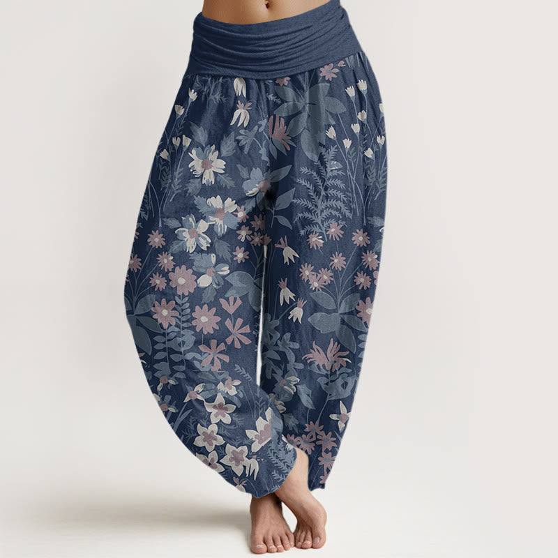 Lässige Haremshose mit Gänseblümchen-Blumen-Blätter-Design für Damen mit elastischer Taille und Buddha Stones - Stahlblau - US22， UK/AU26，EU54 (6XL) - image 8