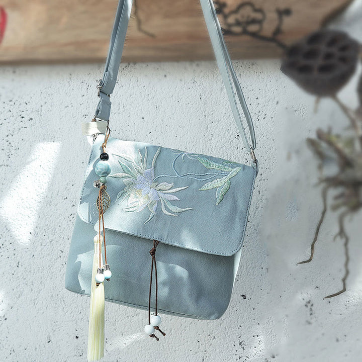 Buddha Stones Plain Embroidered LightBlue Epiphyllum Cotton Linen Crossbody Bag Schultertasche