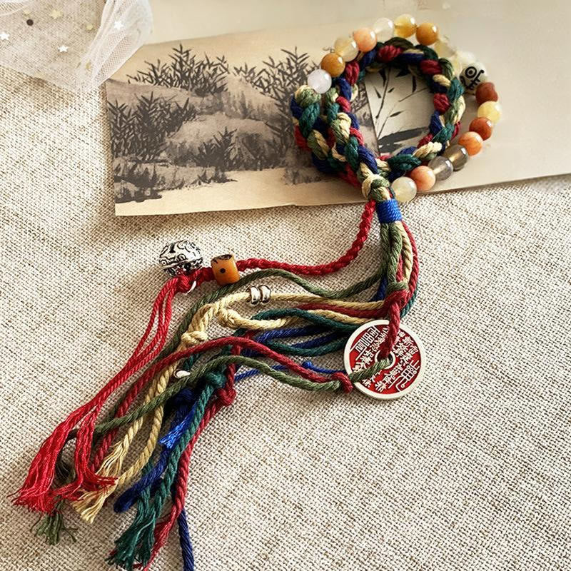 Buddha Stones Tibetische Berggeister geben Geld aus Buntes Chalcedon Doppellagiges positives Armband mit farbiger Seilquaste