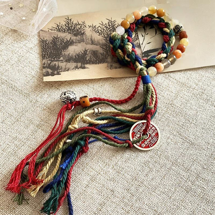 Buddha Stones Tibetische Berggeister geben Geld aus Buntes Chalcedon Doppellagiges positives Armband mit farbiger Seilquaste