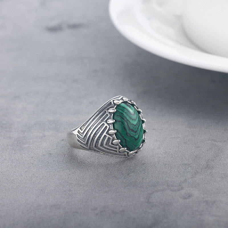 Buddha Stones Ovaler Vintage-Ring aus 925er Sterlingsilber mit Malachitperle und Ruhe