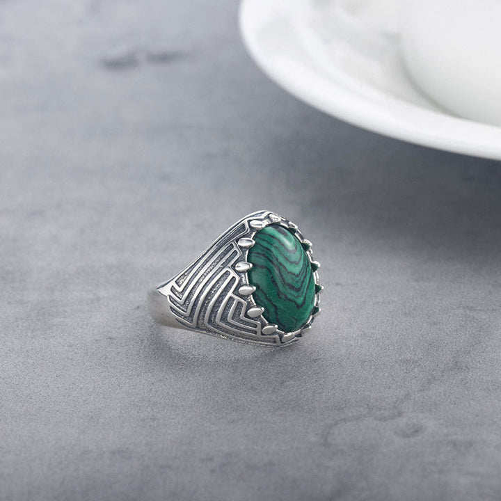 Buddha Stones Ovaler Vintage-Ring aus 925er Sterlingsilber mit Malachitperle und Ruhe