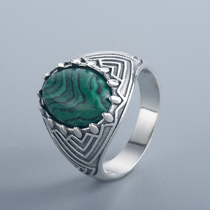 Buddha Stones Ovaler Vintage-Ring aus 925er Sterlingsilber mit Malachitperle und Ruhe