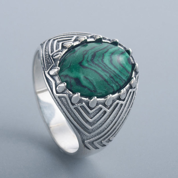 Buddha Stones Ovaler Vintage-Ring aus 925er Sterlingsilber mit Malachitperle und Ruhe