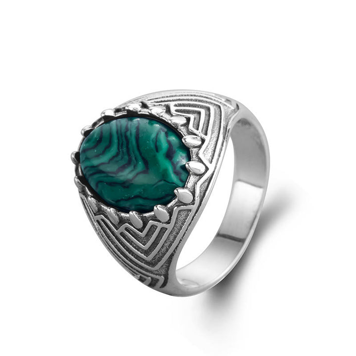 Buddha Stones Ovaler Vintage-Ring aus 925er Sterlingsilber mit Malachitperle und Ruhe