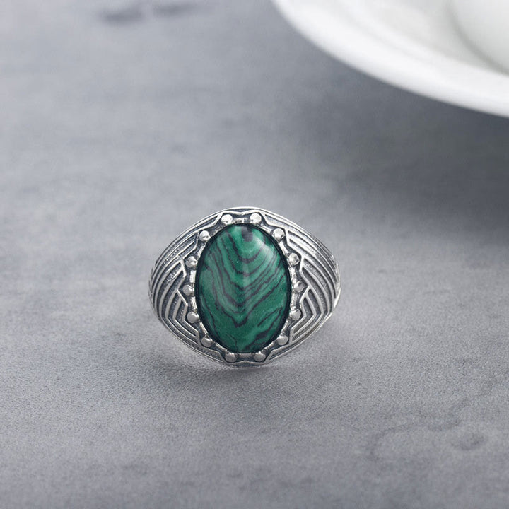 Buddha Stones Ovaler Vintage-Ring aus 925er Sterlingsilber mit Malachitperle und Ruhe