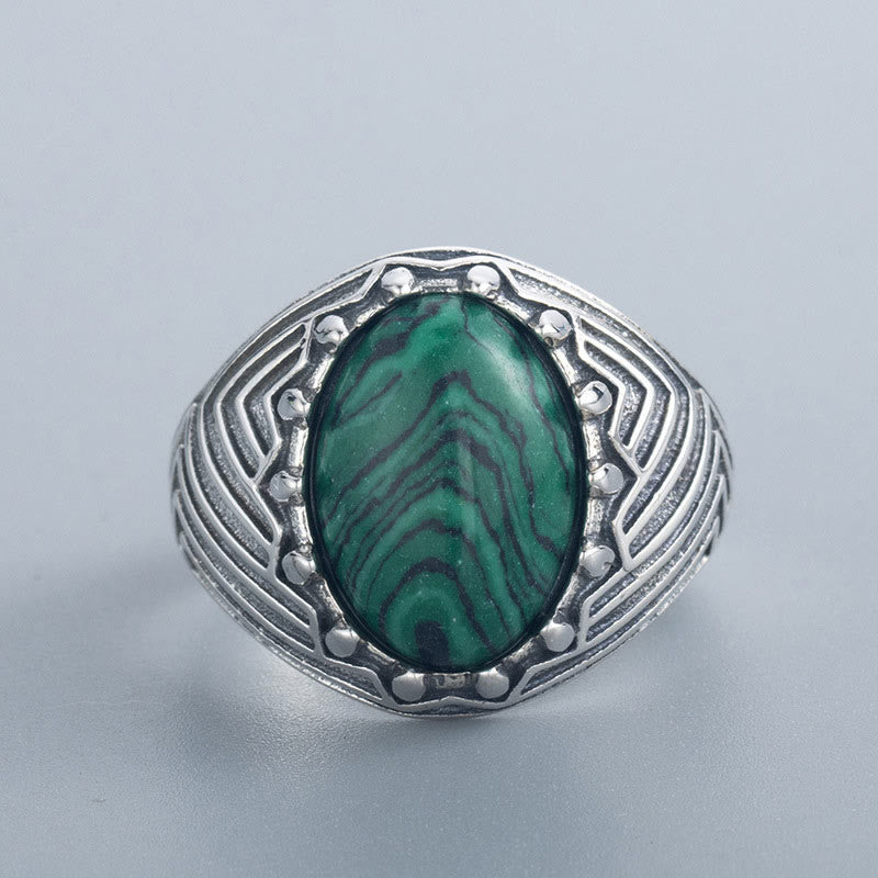 Buddha Stones Ovaler Vintage-Ring aus 925er Sterlingsilber mit Malachitperle und Ruhe