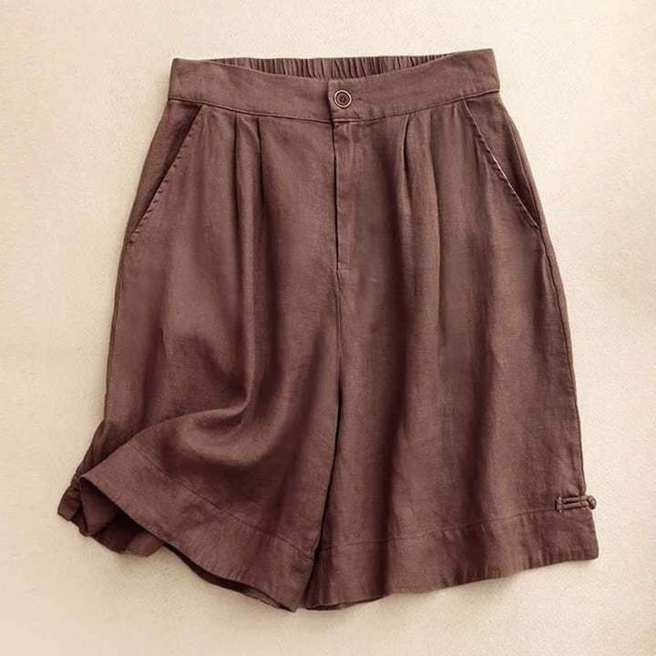 Buddha Stones Sommer Casual Solid Color Reißverschlussknopf Acrylfaser Froschknopf Damen Shorts mit Taschen
