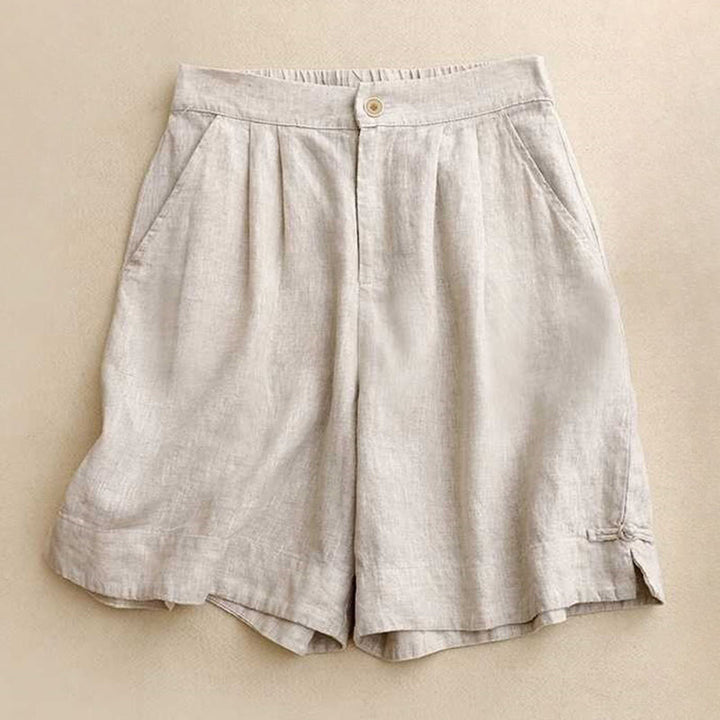 Buddha Stones Sommer Casual Solid Color Reißverschlussknopf Acrylfaser Froschknopf Damen Shorts mit Taschen
