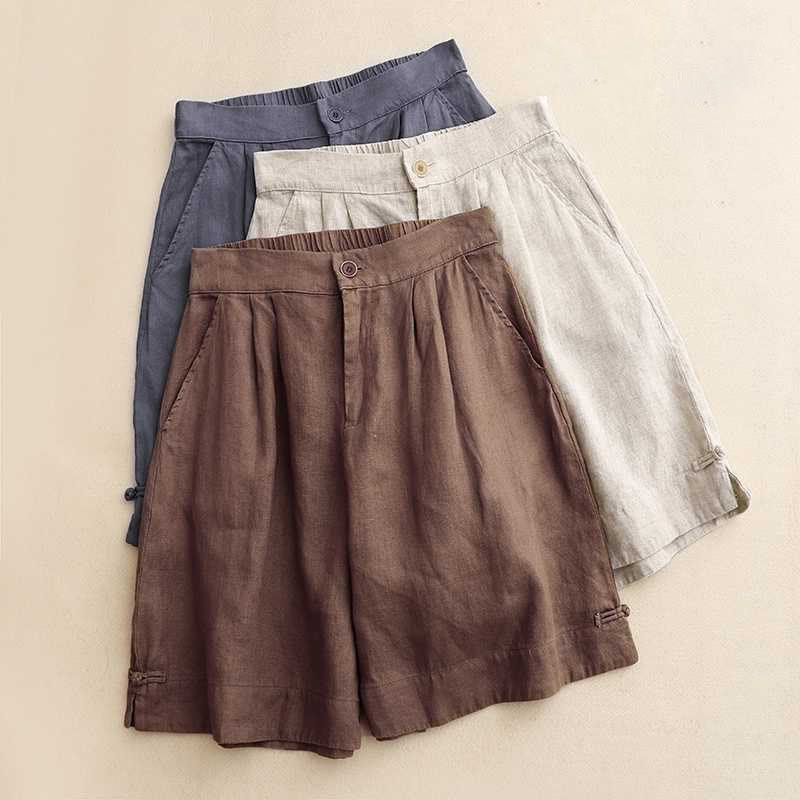 Buddha Stones Sommer Casual Solid Color Reißverschlussknopf Acrylfaser Froschknopf Damen Shorts mit Taschen