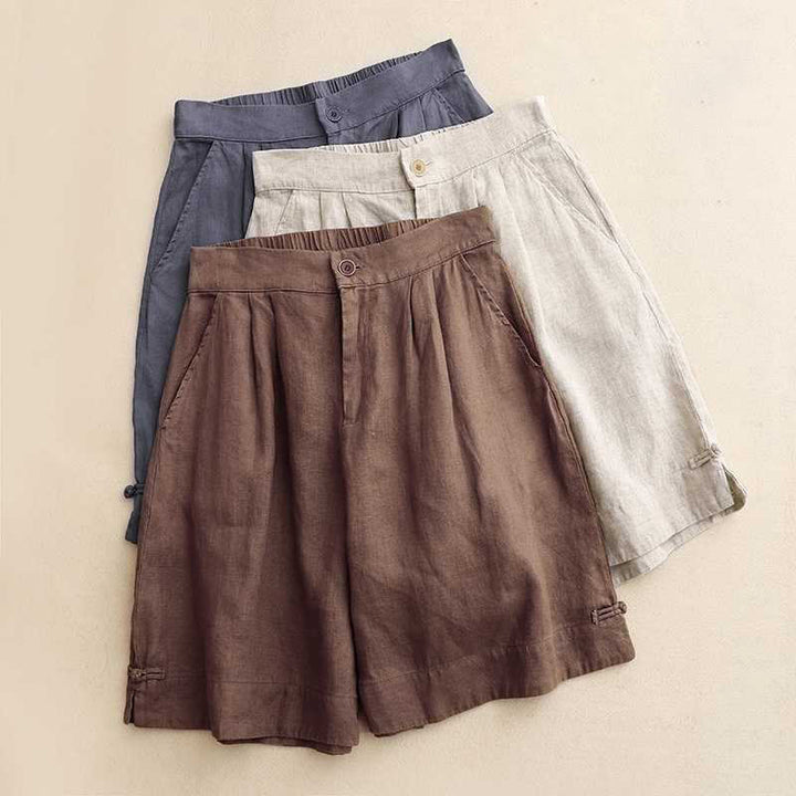 Buddha Stones Sommer Casual Solid Color Reißverschlussknopf Acrylfaser Froschknopf Damen Shorts mit Taschen
