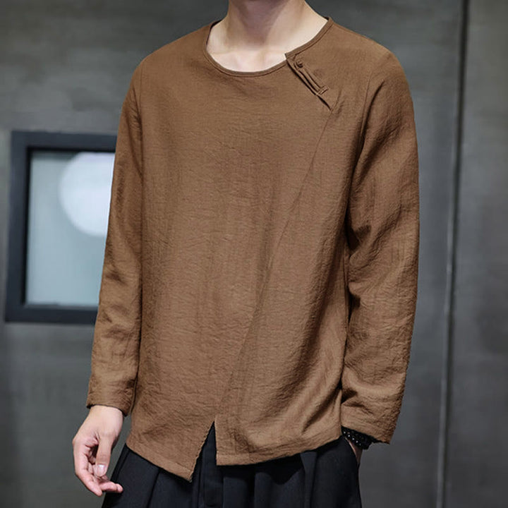 Buddha Stones, einfarbiges, lockeres Herrenhemd mit langen Ärmeln und Rundhalsausschnitt - image 37