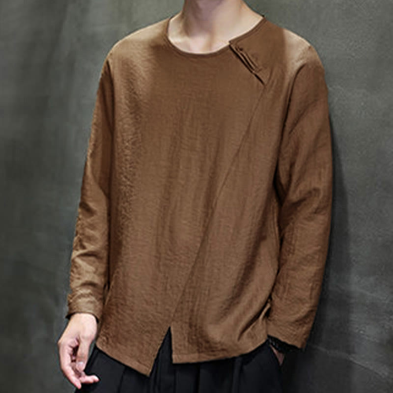 Buddha Stones, einfarbiges, lockeres Herrenhemd mit langen Ärmeln und Rundhalsausschnitt - image 41