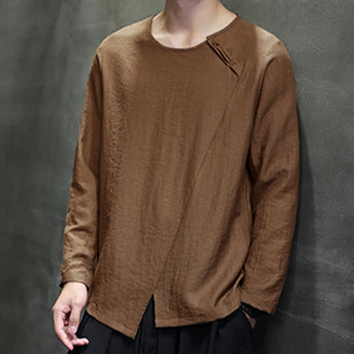 Buddha Stones Einfarbige, lockere Langarm-Herrenhemden aus Baumwolle mit Rundhalsausschnitt - image 41