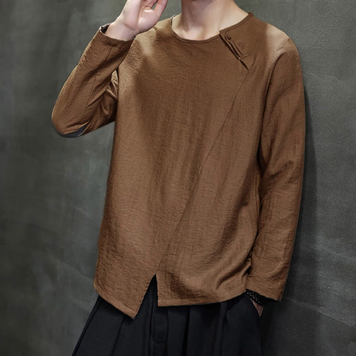 Buddha Stones, einfarbiges, lockeres Herrenhemd mit langen Ärmeln und Rundhalsausschnitt - image 39