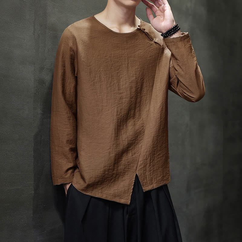 Buddha Stones, einfarbiges, lockeres Herrenhemd mit langen Ärmeln und Rundhalsausschnitt - image 40