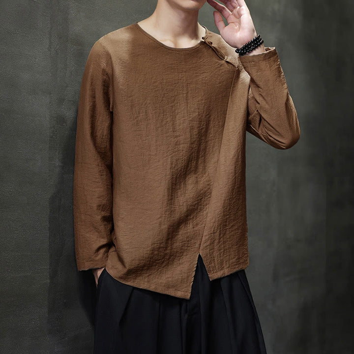 Buddha Stones, einfarbiges, lockeres Herrenhemd mit langen Ärmeln und Rundhalsausschnitt - image 40