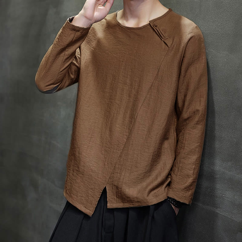 Buddha Stones Einfarbige, lockere Langarm-Herrenhemden aus Baumwolle mit Rundhalsausschnitt - image 39