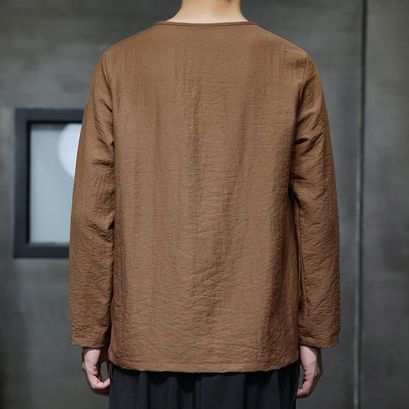 Buddha Stones Einfarbige, lockere Langarm-Herrenhemden aus Baumwolle mit Rundhalsausschnitt - image 35