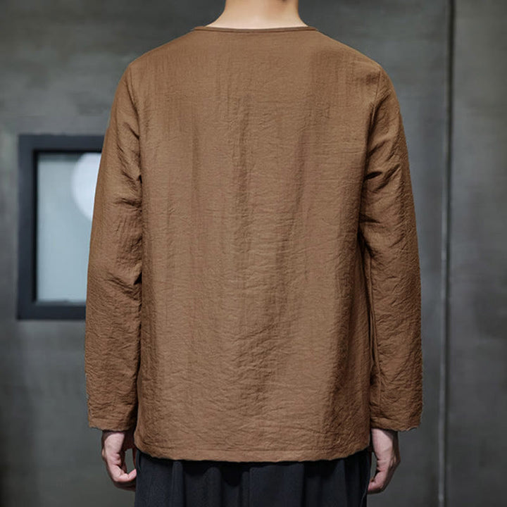 Buddha Stones Einfarbige, lockere Langarm-Herrenhemden aus Baumwolle mit Rundhalsausschnitt - image 35