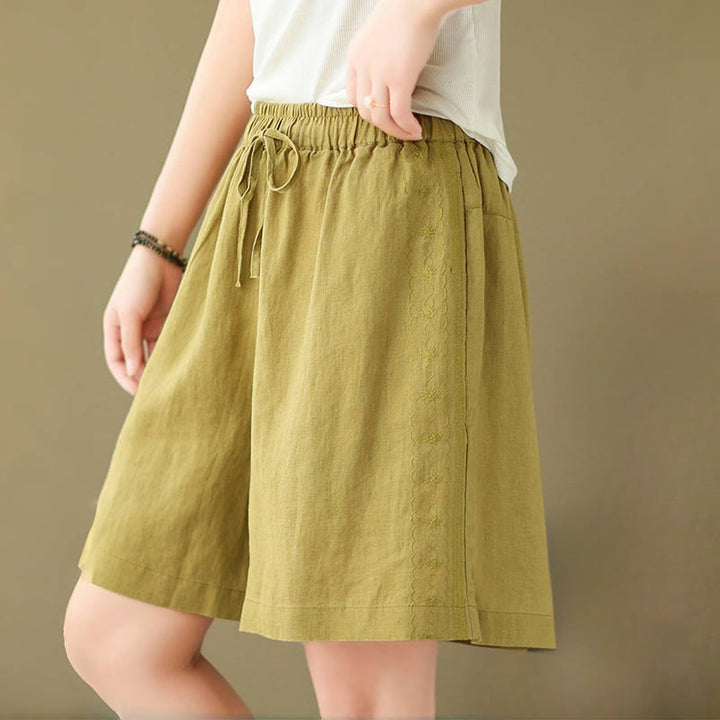 Buddha Stones Sommer Casual Stickerei Muster Baumwolle Leinen Damen Shorts mit Taschen