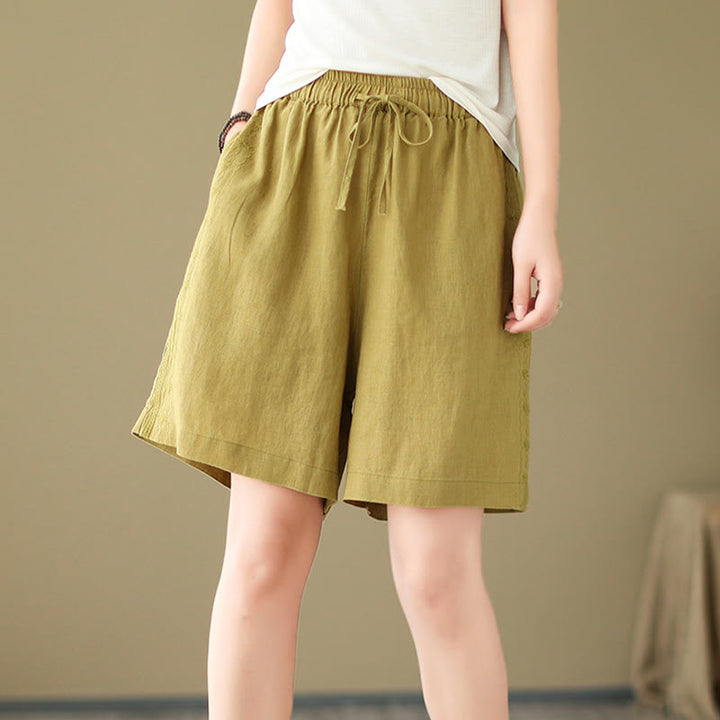 Buddha Stones Sommer Casual Stickerei Muster Baumwolle Leinen Damen Shorts mit Taschen